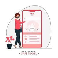 Young Girl Having Online Ticket Booking of Flight in Smartphone with Wear Protective Mask on White Background for New Normal Safe Travel. vector