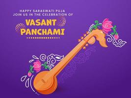 Happy Vasant Panchami Celebration Concept With Veena Instrument And Floral On Purple Background.