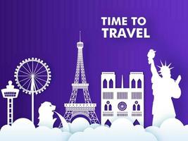 Paper Cut Style Foreign Country Famous Monument and Cloudy on Purple Background for Time To Travel Concept. vector