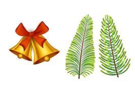 Golden Jingle Bells With Fir Leaves On White Background. vector