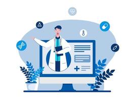 Online Doctor Website In Computer With Medical Symbols On Blue And White Background. vector