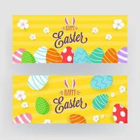 Happy Easter Font with Bunny Ear, Flowers and Printed Eggs Decorated on Yellow Strip Background in Two Option. vector