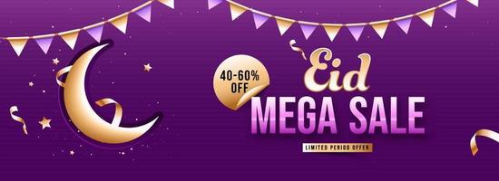 Eid Mega Sale Banner Design with golden crescent moon and bunting flags on purple background. vector