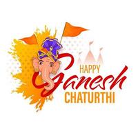 Happy Ganesh Chaturthi Font With Lord Ganpati Face, Flags, Silhouette Temple And Yellow Brush Effect On White Background. vector