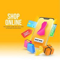 3D Illustration of Online Shopping App in Smartphone with Female Dress, Great Offer Tag, Carry Bags, Payment Card, Coins and Parcel Box on Orange Background. vector