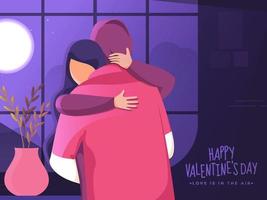 Happy Valentine's Day Concept with Faceless Lover Couple Hugging and Plant Pot on Full Moon Night Purple Background. vector