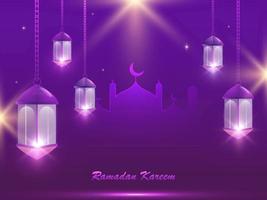 Ramadán kareem póster diseño con mezquita y colgando iluminado linternas en ligero efecto púrpura antecedentes. vector