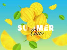 Summer Time Text with Yellow Lemons and Green Leaves Decorated on Blue Background. vector