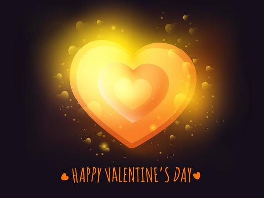 Happy Valentine's Day Concept With Golden Hearts And Lights Effect On Black Background.