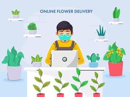 Young Boy Wear Medical Mask Working in Laptop on Desk with Flowers and Plant Pots on Blue Background for Online Flower Delivery Concept. vector