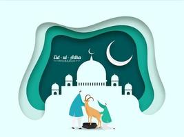 Green Paper Layer Cut Background with Crescent Moon, Mosque and Muslim Men holding a Cartoon Goat on the Occasion of Eid-Ul-Adha Mubarak. vector