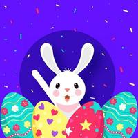 Cartoon Bunny with Printed Eggs and Confetti Decorated on Purple Background. vector