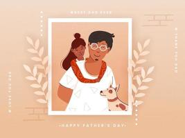 Happy Father's Day Concept with Girl Hugging Her Father Image and Dog Cartoon on Peach Background. vector