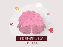 Illustration of Hand Holding Human Brain for 10th October, World Mental Health Day. vector