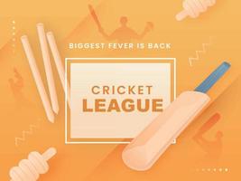 Cricket League Biggest Fever Is Back Text with Realistic Bat, Wicket Stump and Silhouette Players on Light Orange Background. vector