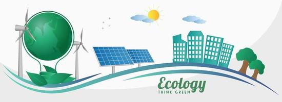 ecología pensar verde concepto establecido encabezamiento diseño con ligero bulbo forma eco tierra globo, solar paneles, molinos de viento, edificios y Brillo Solar en blanco antecedentes. vector