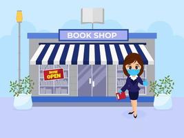 Cartoon Modern Girl wear Protect Mask with Gloves in Front of Book Shop Illustration and Plant Pots on Blue Background. vector