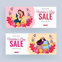 Valentine's Day Sale Header or Banner Design with Lover Couple Character and Floral in Two Color Option. vector