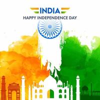 India Happy Independence Day Poster Design with Famous Monuments, Saffron and Green Watercolor Effect on White Background. vector