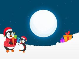Cartoon Penguins Character With Gift Boxes And Snowy On Full Moon Blue Background. vector