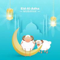 Eid-Al-Adha Mubarak Poster Design with Golden Crescent Moon, Two Cartoon Sheep, Paper Mosque and Hanging Illuminated Lanterns on Sky Blue Arabic Pattern Background. vector