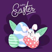 caligrafía de contento Pascua de Resurrección texto con pintado huevos y dibujos animados conejito en púrpura antecedentes. vector