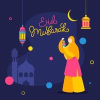 eid Mubarak celebracion póster diseño con dibujos animados musulmán mujer participación linterna y creciente Luna en mezquita azul antecedentes. vector