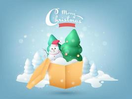 Merry Christmas Font With Cartoon Snowman Inside A Gift Box And 3D Xmas Trees On Snowy Blue Background. vector
