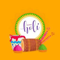 Happy Holi Font in Circular Frame with Drum, Water Guns, Color Bowls and Bucket on Yellow Background. vector