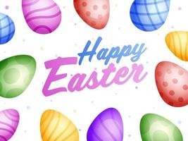 Happy Easter Font with Colorful Watercolor Effect Eggs Decorated on White Background. vector