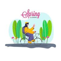 joven niña montando un bicicleta con mochila, flores y hojas para primavera es viniendo concepto. vector