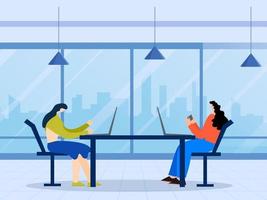 Faceless Two Women Using Laptop And Smartphone At Table With Maintaining Social Distance On Blue Background. vector