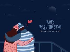 Back View of Hugging Couple Character Wearing Woolen Clothes on Blue Night Scene Background for Happy Valentine's Day Celebration. vector