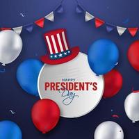 Happy President's Day Text In Circular Frame With Uncle Sam Hat, American Tricolor Glossy Balloons And Bunting Flags On Blue Background. vector