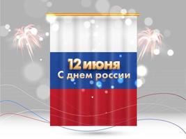 Golden Russian Text of June 12th Happy Russia Day on Tricolor Scroll Template and Fireworks Bokeh Grey Background. vector