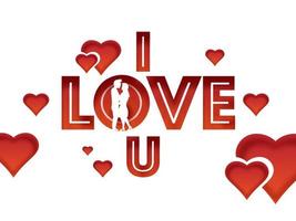 Paper Cut Style I Love You Text with Silhouette Romantic Couple and Hearts Decorated on White Background. vector