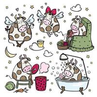 FUNNY COWS Cartoon Christmas Bull Vector Illustration Set