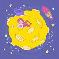 MERMAID MOON HOME Cartoon Space Girl Vector Illustration Set