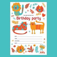 gatito invita cumpleaños linda plano estilo texto bandera bosquejo vector