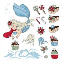 MERMAID SWEETY Christmas New Year Vector Illustration Set