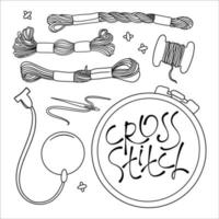 EMBROIDERY Monochrome Sewing Supplies Vector Illustration Set