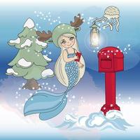 MERMAID CHRISTMAS TREE Girl New Year Vector Illustration Set