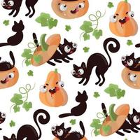 HALLOWEEN CAT Pumpkin Flat Design Seamless Pattern Vector