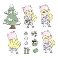 GIRL CHRISTMAS SET New Year Cartoon Vector Illustration Set