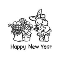 HAPPY NEW YEAR CARD LINE Monochrome Picture Cartoon Rabbit vector