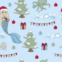 MERMAID CELEBRATE New Year Seamless Pattern Vector Illustration