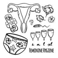 femenino higiene cero residuos mano dibujado vector ilustración conjunto