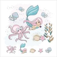 MERMAID OCTOPUS Girl Cruise Tropical Vector Illustration Set