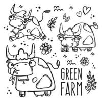 GREEN FARM MONOCHROME Cows In Sketch Vector Illustration Set