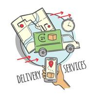 FAST DELIVERY SERVICES Smartphone One Click Hand Drawn Set vector